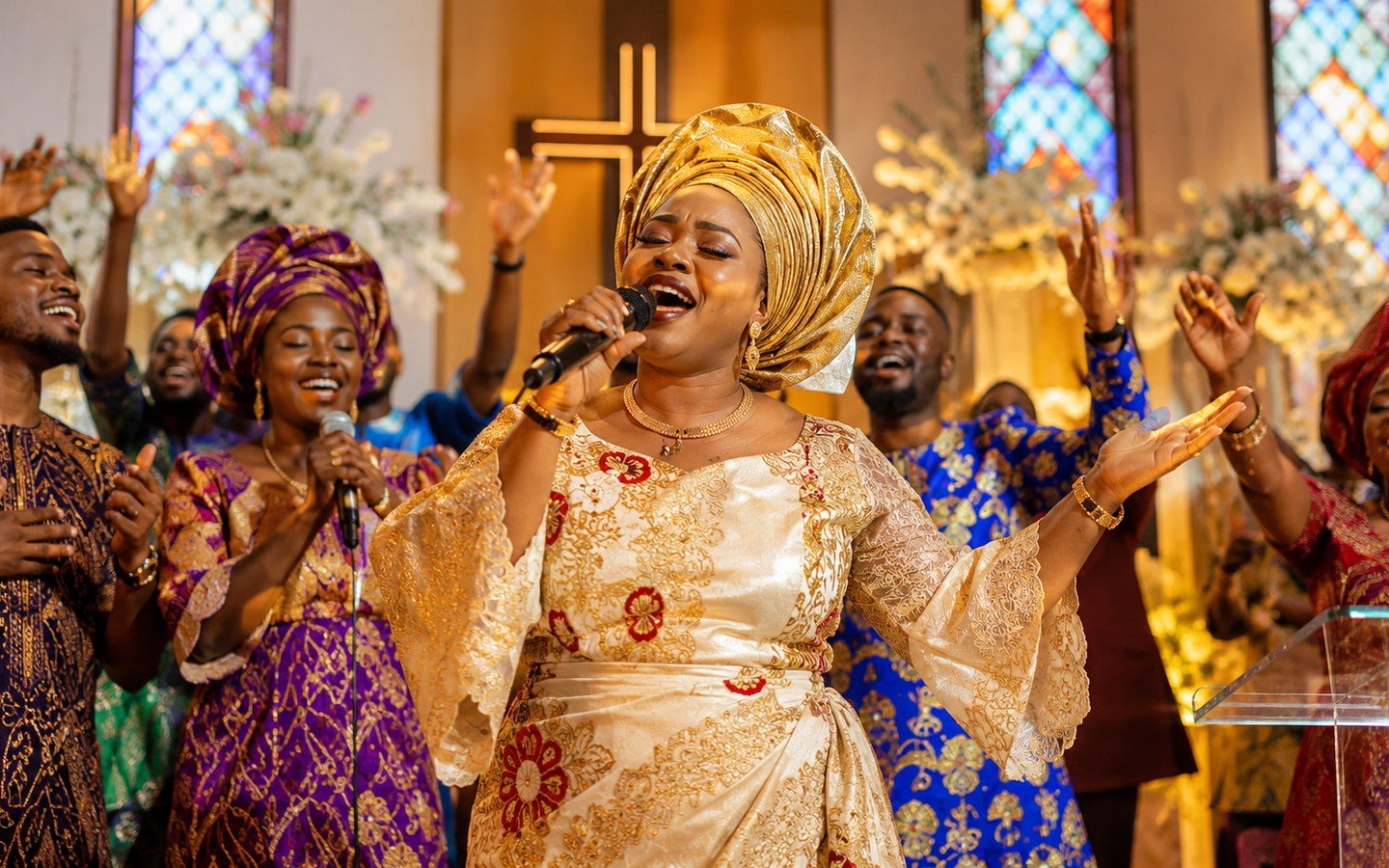 Nigerian gospel worship in vibrant church attire